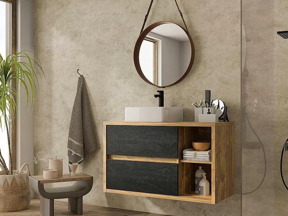 Vente-unique Móvel De Casa De Banho Suspenso Lavatório Simples Cor Natural E Antracite De 100 Cm - Tikitiki* Móvel Lavatório Individual