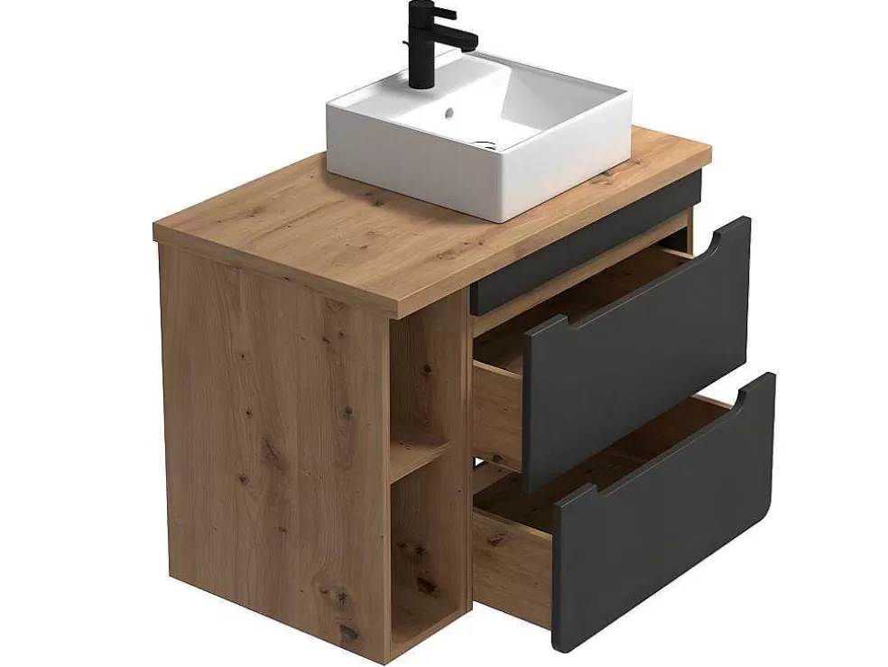 Vente-unique Móvel De Casa De Banho Suspenso Lavatório Simples E Nichos Cor Natural E Antracite De 80 Cm - Aruba* Móvel Lavatório Individual