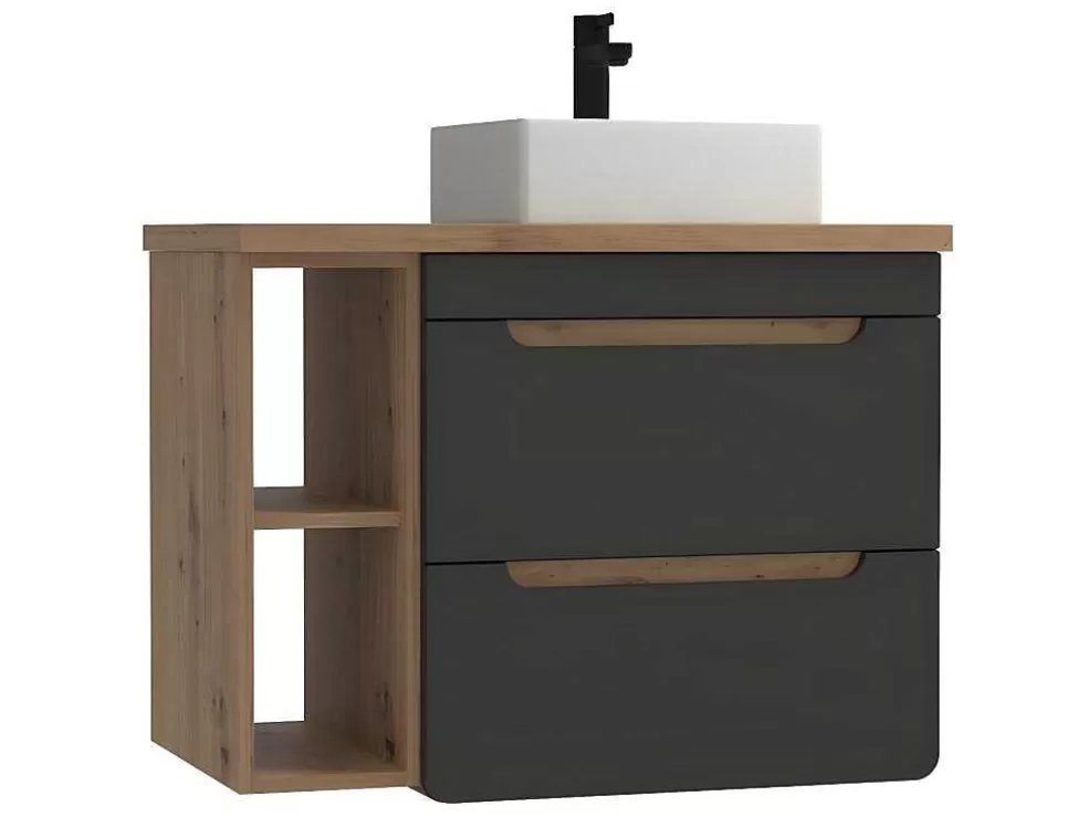 Vente-unique Móvel De Casa De Banho Suspenso Lavatório Simples E Nichos Cor Natural E Antracite De 80 Cm - Aruba* Móvel Lavatório Individual