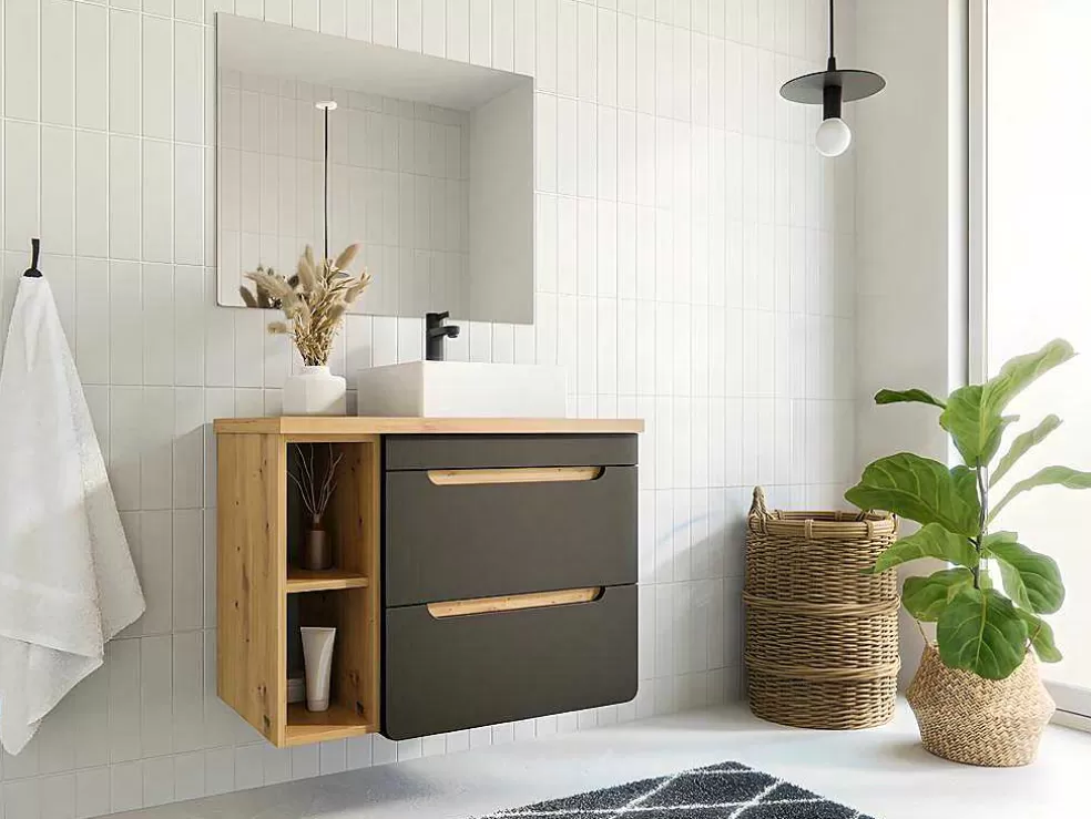 Vente-unique Móvel De Casa De Banho Suspenso Lavatório Simples E Nichos Cor Natural E Antracite De 80 Cm - Aruba* Móvel Lavatório Individual