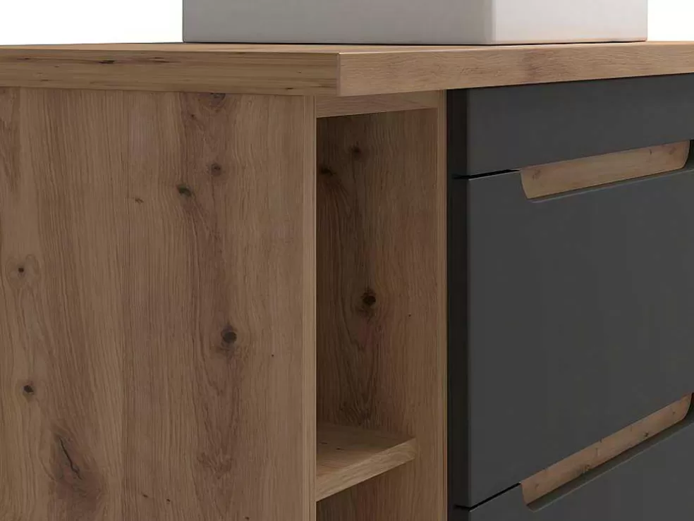 Vente-unique Móvel De Casa De Banho Suspenso Lavatório Simples E Nichos Cor Natural E Antracite De 80 Cm - Aruba* Móvel Lavatório Individual