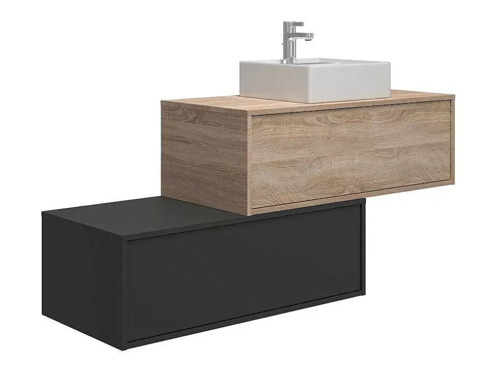 Vente-unique Móvel De Casa De Banho Suspenso Madeira Clara E Antracite Lavatório Individual E Duas Gavetas 94 Cm - Teana Ii* Móvel Lavatório Individual