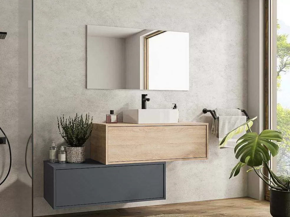 Vente-unique Móvel De Casa De Banho Suspenso Madeira Clara E Antracite Lavatório Individual E Duas Gavetas 94 Cm - Teana Ii* Móvel Lavatório Individual