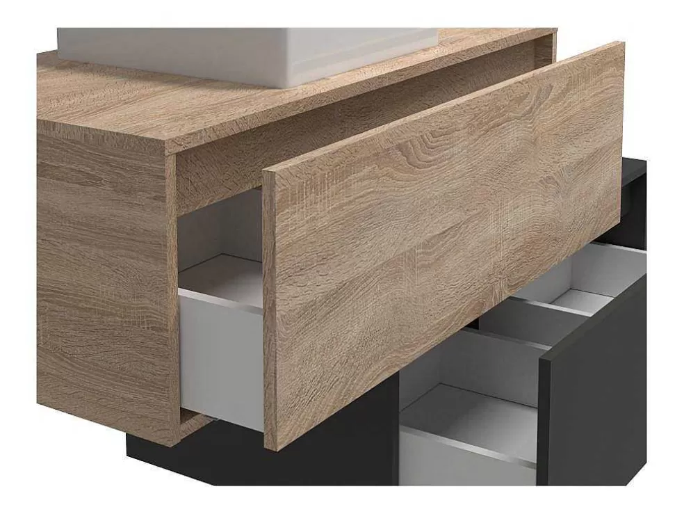 Vente-unique Móvel De Casa De Banho Suspenso Madeira Clara E Antracite Lavatório Individual E Duas Gavetas 94 Cm - Teana Ii* Móvel Lavatório Individual