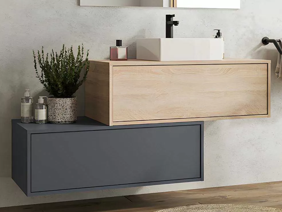 Vente-unique Móvel De Casa De Banho Suspenso Madeira Clara E Antracite Lavatório Individual E Duas Gavetas 94 Cm - Teana Ii* Móvel Lavatório Individual