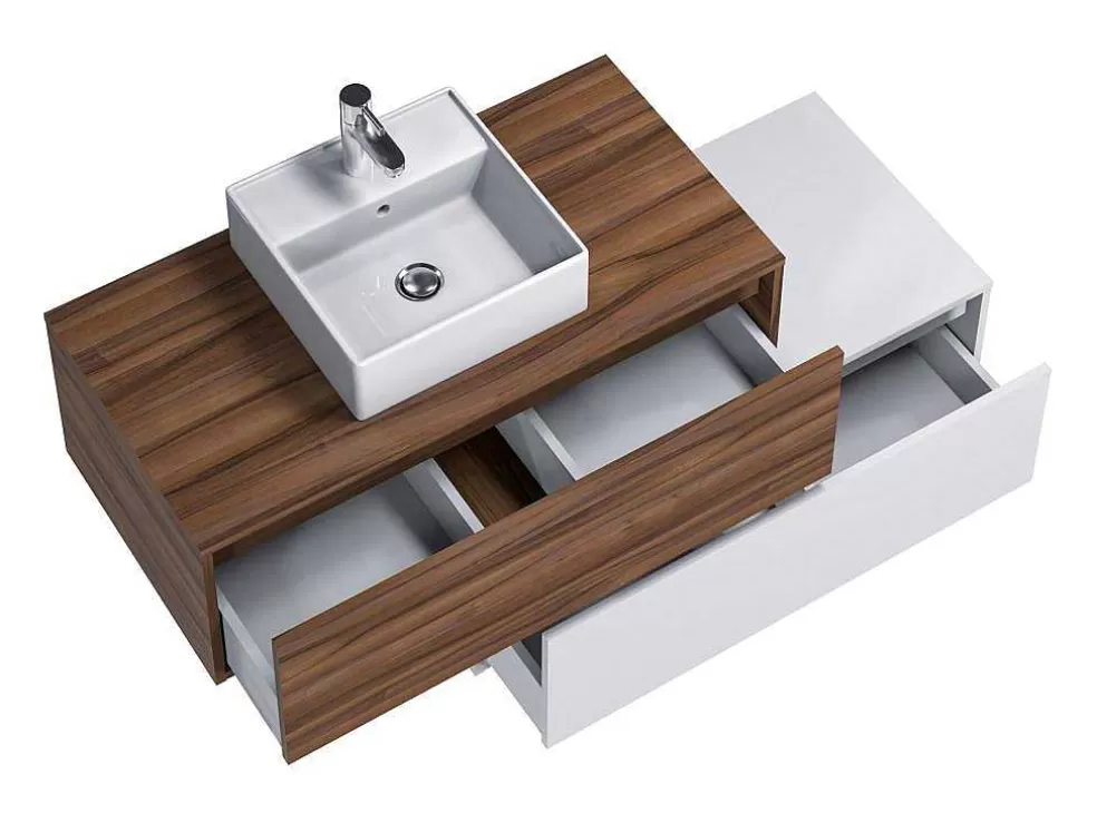 Vente-unique Móvel De Casa De Banho Suspenso Natural Escuro E Branco Com Lavatório Individual E Duas Gavetas 94 Cm - Teana Ii* Móvel Lavatório Individual