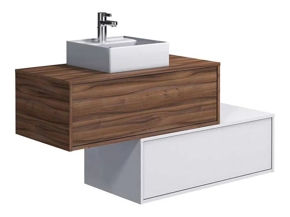 Vente-unique Móvel De Casa De Banho Suspenso Natural Escuro E Branco Com Lavatório Individual E Duas Gavetas 94 Cm - Teana Ii* Móvel Lavatório Individual