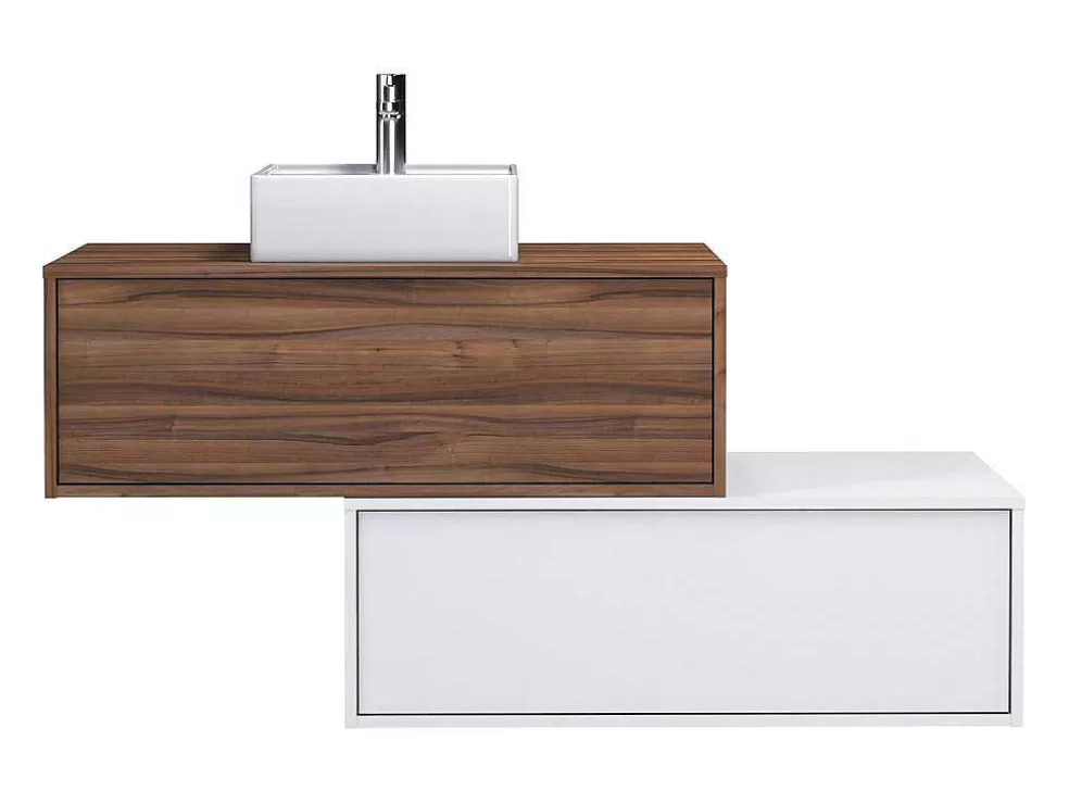 Vente-unique Móvel De Casa De Banho Suspenso Natural Escuro E Branco Com Lavatório Individual E Duas Gavetas 94 Cm - Teana Ii* Móvel Lavatório Individual
