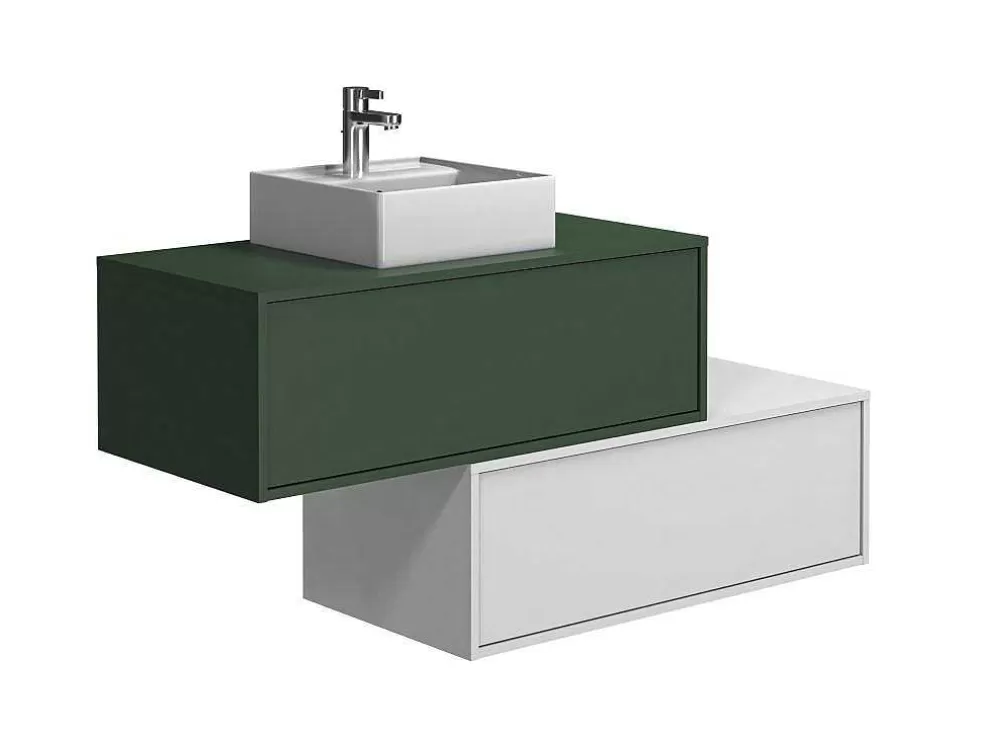 Vente-unique Móvel De Casa De Banho Suspenso Verde E Branco Lavatório Individual E Duas Gavetas 94 Cm - Teana Ii* Promoções Casa De Banho & Bem-Estar