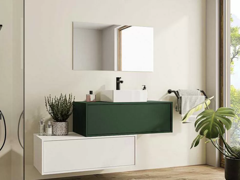 Vente-unique Móvel De Casa De Banho Suspenso Verde E Branco Lavatório Individual E Duas Gavetas 94 Cm - Teana Ii* Promoções Casa De Banho & Bem-Estar
