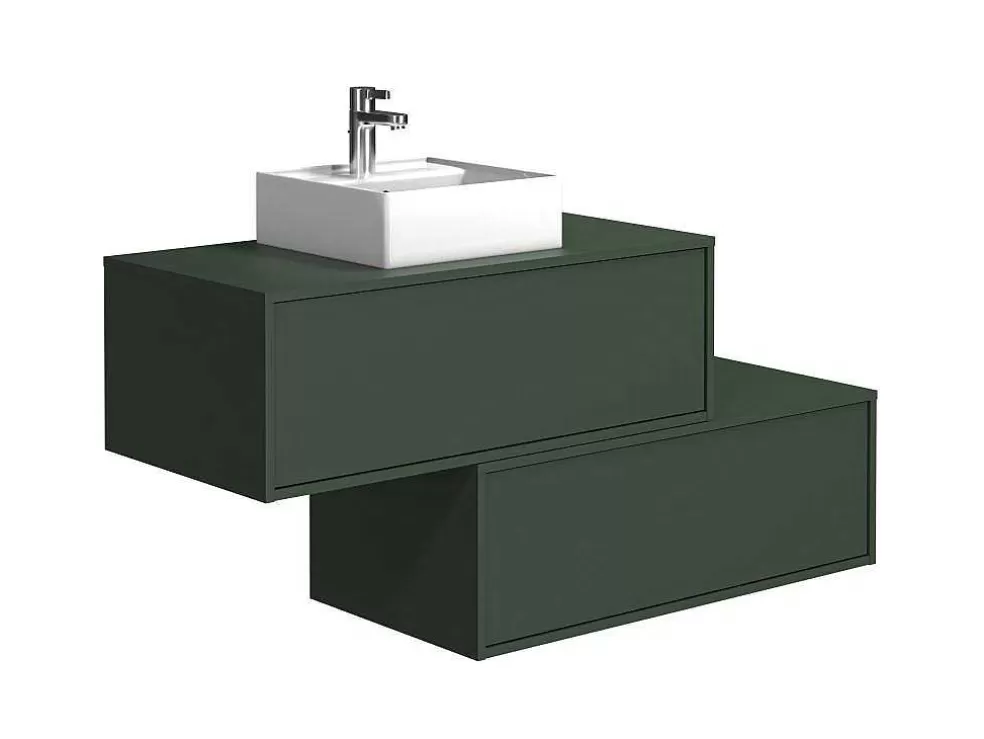 Vente-unique Móvel De Casa De Banho Suspenso Verde Mate Com Lavatório Individual E Duas Gavetas 94 Cm - Teana Ii* Móvel Lavatório Individual