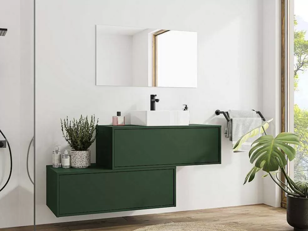 Vente-unique Móvel De Casa De Banho Suspenso Verde Mate Com Lavatório Individual E Duas Gavetas 94 Cm - Teana Ii* Móvel Lavatório Individual