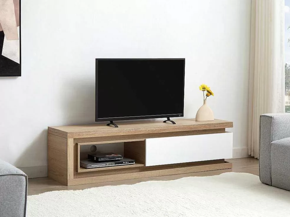 Vente-unique Móvel De Tv 1 Gaveta E 1 Nicho Com Leds Mdf Natural E Lacado A Branco - Flarancia* Móvel De Tv