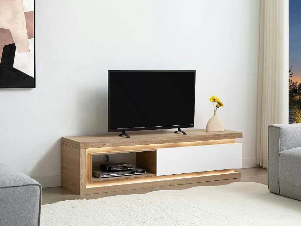 Vente-unique Móvel De Tv 1 Gaveta E 1 Nicho Com Leds Mdf Natural E Lacado A Branco - Flarancia* Móvel De Tv