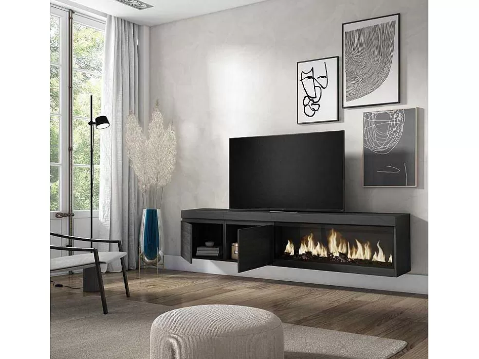 Skraut Home Móvel De Tv, 210, Para Televisores Ate 80", Lareira Electrica Xxl, Suspensos, Preto* Móvel De Tv