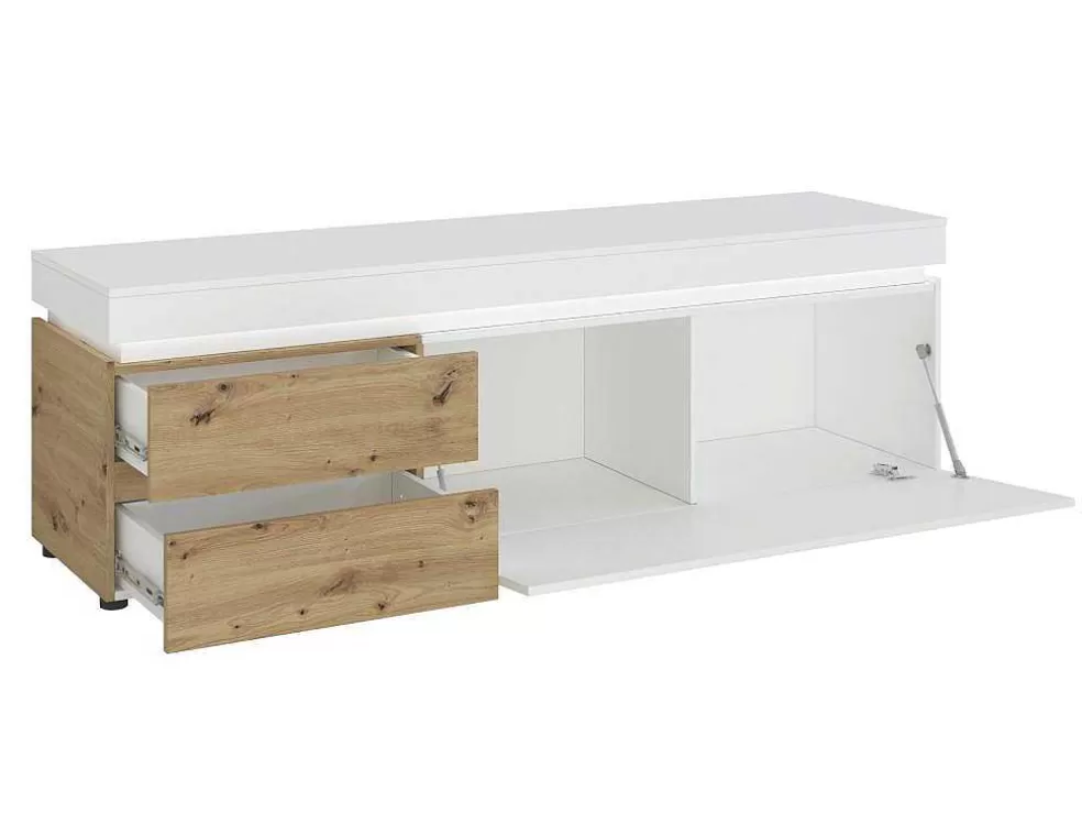 Vente-unique Móvel De Tv 1 Porta E 2 Gavetas Com Leds Natural E Lacado A Branco - Dolona* Promoções Sala