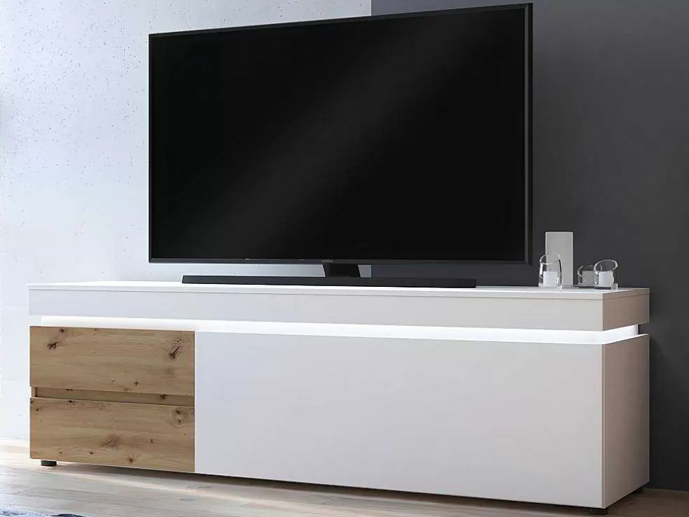Vente-unique Móvel De Tv 1 Porta E 2 Gavetas Com Leds Natural E Lacado A Branco - Dolona* Promoções Sala