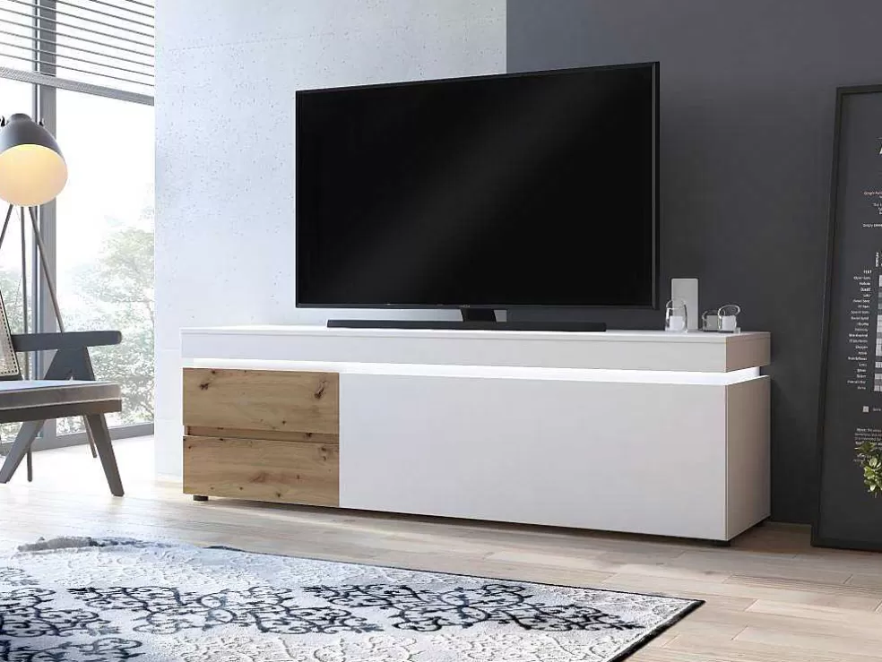 Vente-unique Móvel De Tv 1 Porta E 2 Gavetas Com Leds Natural E Lacado A Branco - Dolona* Promoções Sala