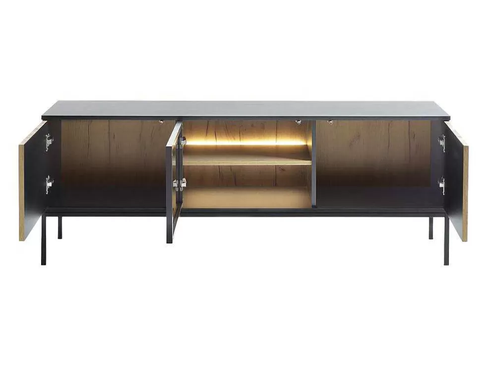 Vente-unique Móvel De Tv 3 Portas Com Leds Mdf E Vidro Fumado Preto E Natural - Ovila* Móvel De Tv