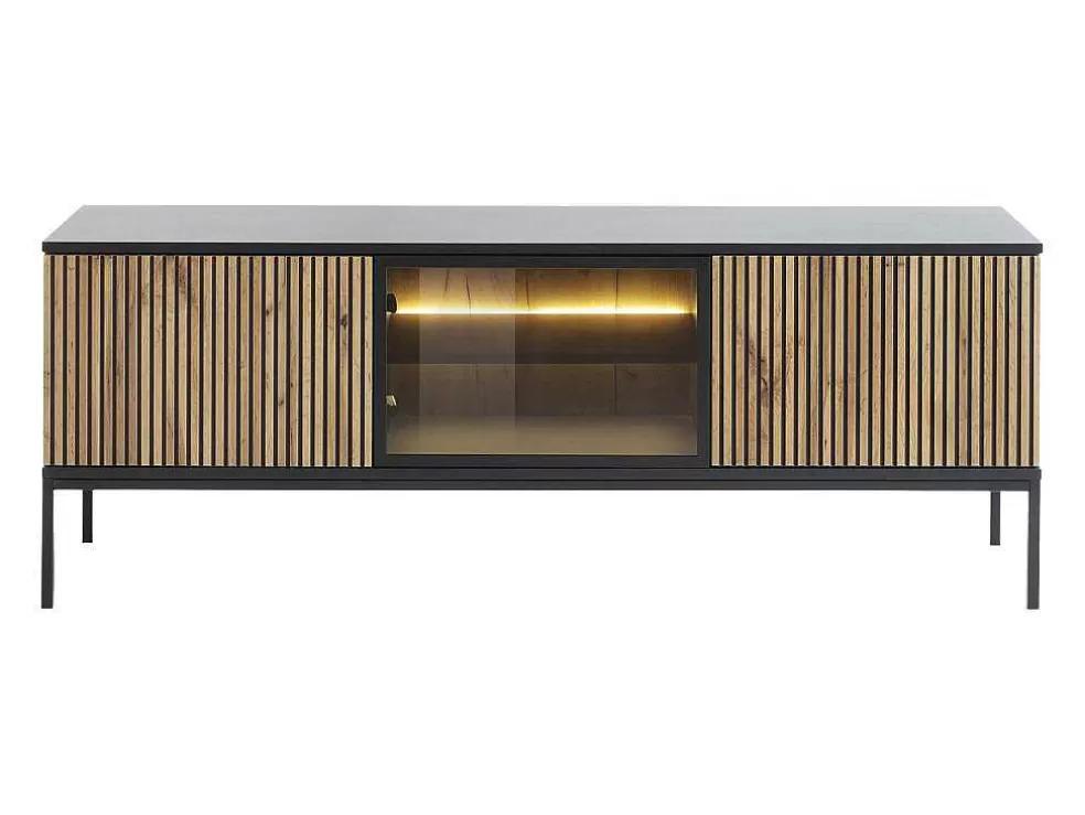 Vente-unique Móvel De Tv 3 Portas Com Leds Mdf E Vidro Fumado Preto E Natural - Ovila* Móvel De Tv