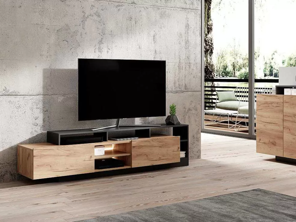 Vente-unique Móvel De Tv 2 Portas E 6 Nichos Com Leds Natural Claro E Antracite - Idesia* Promoções Sala