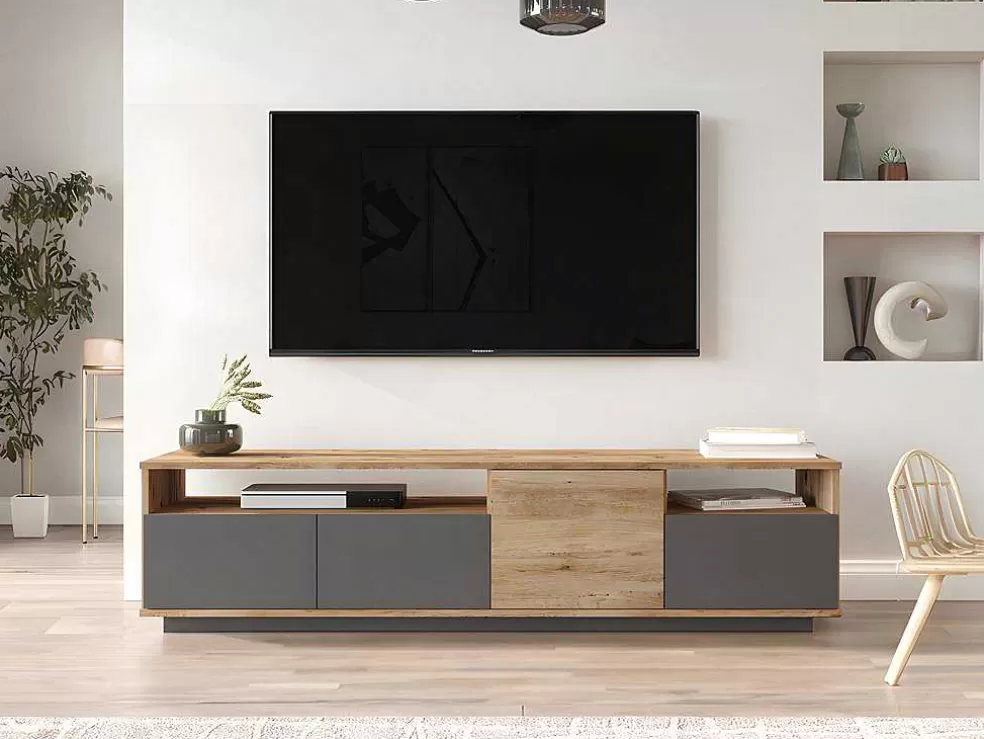 Vente-unique Móvel De Tv 4 Portas E 2 Prateleiras Natural Claro E Antracite - Cedona* Móvel De Tv
