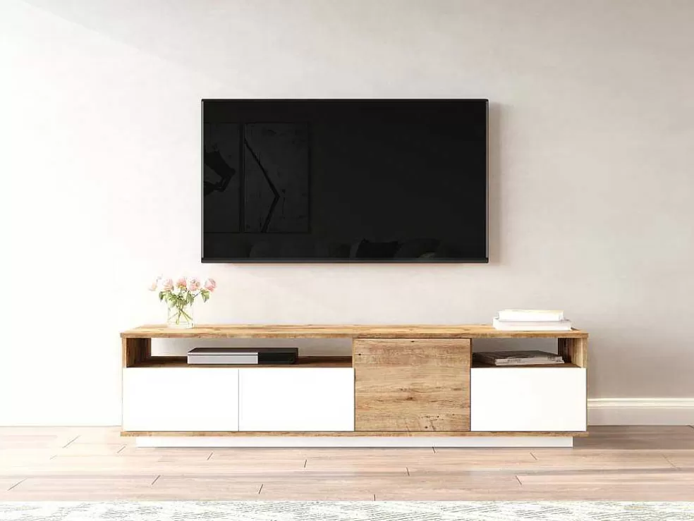 Vente-unique Móvel De Tv 4 Portas E 2 Prateleiras Natural Claro E Branco - Cedona* Móvel De Tv