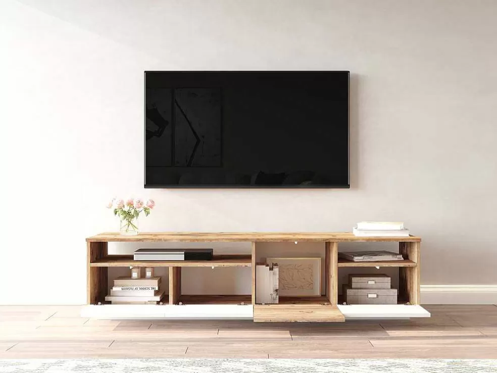 Vente-unique Móvel De Tv 4 Portas E 2 Prateleiras Natural Claro E Branco - Cedona* Móvel De Tv