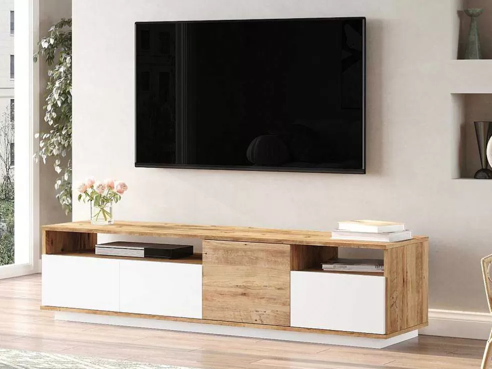 Vente-unique Móvel De Tv 4 Portas E 2 Prateleiras Natural Claro E Branco - Cedona* Móvel De Tv
