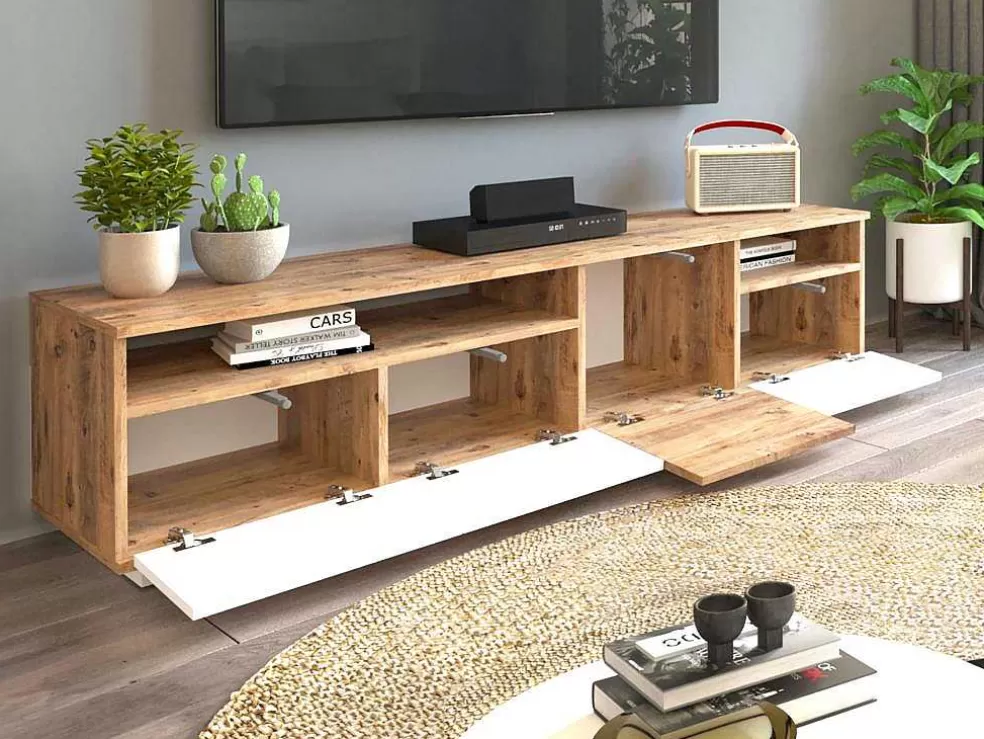 Vente-unique Móvel De Tv 4 Portas E 2 Prateleiras Natural Claro E Branco - Cedona* Móvel De Tv