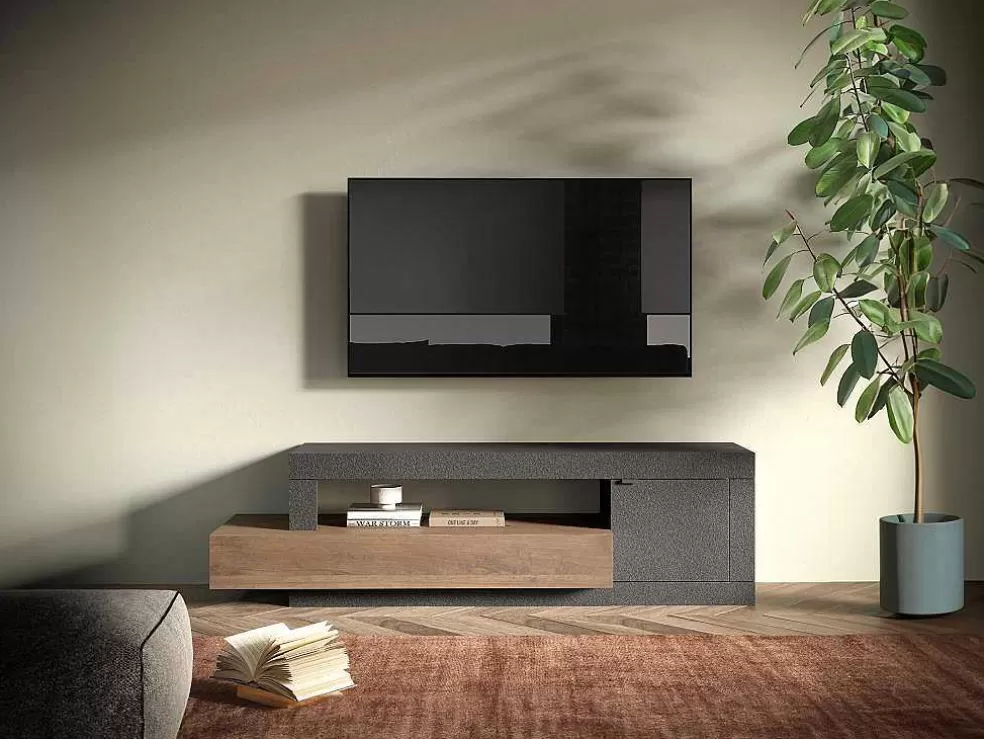 Vente-unique Móvel De Tv Com 1 Porta, 1 Gaveta E 1 Nicho, Natural E Antracite - Ruselo* Móvel De Tv