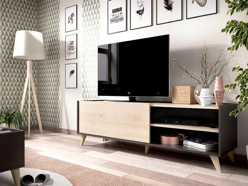 Vente-unique Móvel De Tv Com 1 Porta E 2 Nichos Cor Carvalho E Antracite - Kolyma* Móvel De Tv