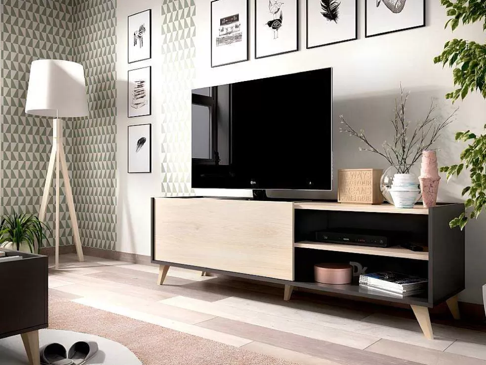 Vente-unique Móvel De Tv Com 1 Porta E 2 Nichos Cor Carvalho E Antracite - Kolyma* Móvel De Tv