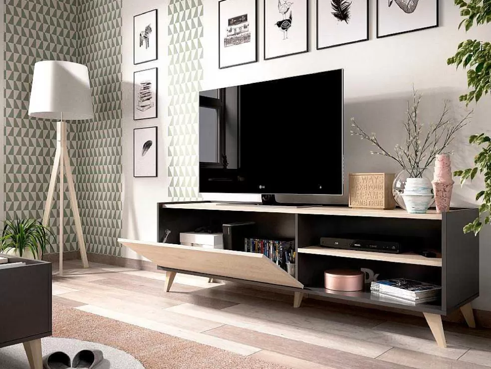 Vente-unique Móvel De Tv Com 1 Porta E 2 Nichos Cor Carvalho E Antracite - Kolyma* Móvel De Tv