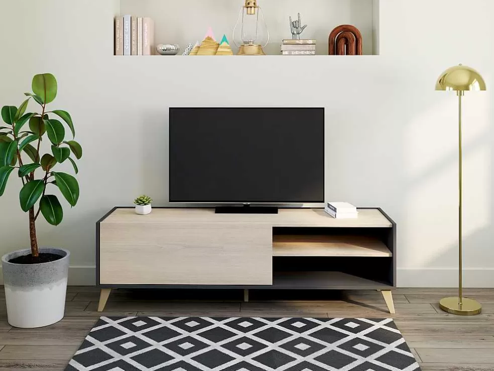 Vente-unique Móvel De Tv Com 1 Porta E 2 Nichos Cor Carvalho E Antracite - Kolyma* Móvel De Tv