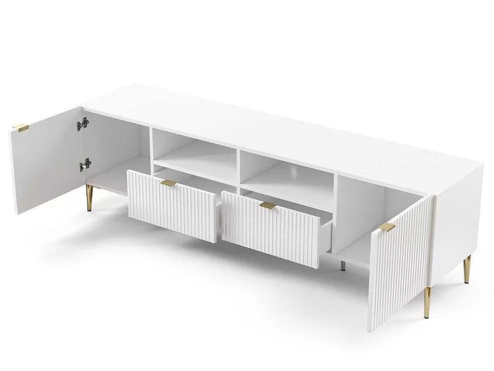 Vente-unique Móvel De Tv Com 2 Portas, 2 Gavetas E 2 Nichos Em Mdf E Aco Branco E Dourado - Yesinia* Móvel De Tv