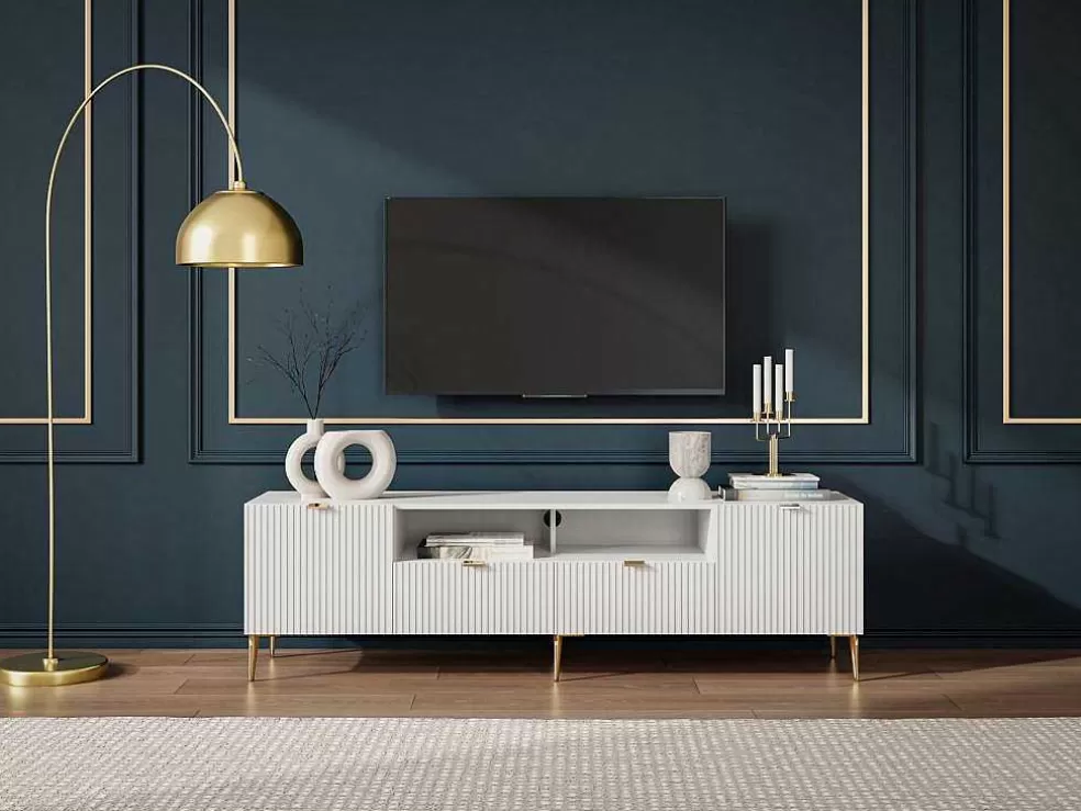 Vente-unique Móvel De Tv Com 2 Portas, 2 Gavetas E 2 Nichos Em Mdf E Aco Branco E Dourado - Yesinia* Móvel De Tv