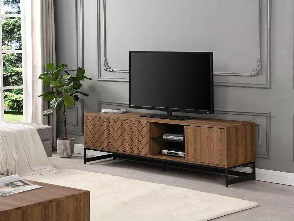 Vente-unique Móvel De Tv Com 3 Portas E 2 Nichos Em Mdf Cor Natural E Preto - Caratana* Móvel De Tv
