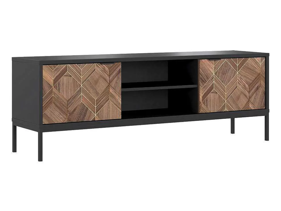 Vente-unique Móvel De Tv Com 2 Portas E 2 Nichos Preto E Natural Escuro - Mialine* Móvel De Tv