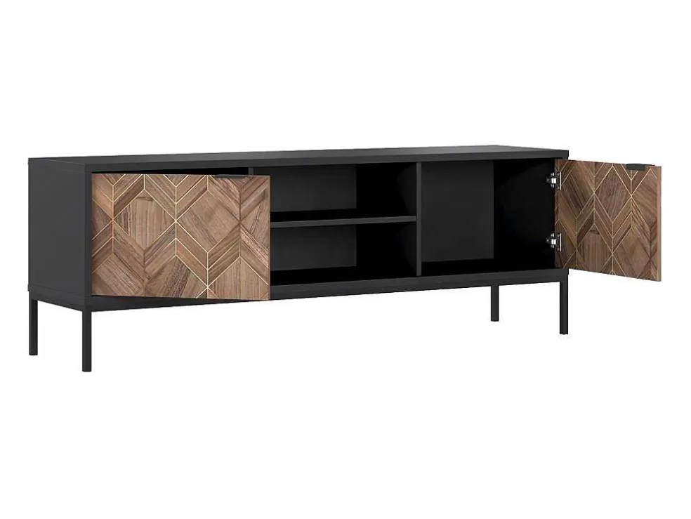 Vente-unique Móvel De Tv Com 2 Portas E 2 Nichos Preto E Natural Escuro - Mialine* Móvel De Tv