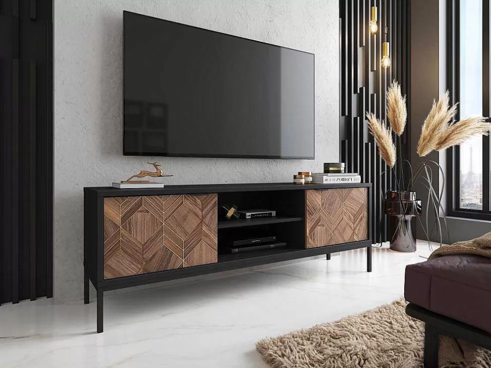 Vente-unique Móvel De Tv Com 2 Portas E 2 Nichos Preto E Natural Escuro - Mialine* Móvel De Tv