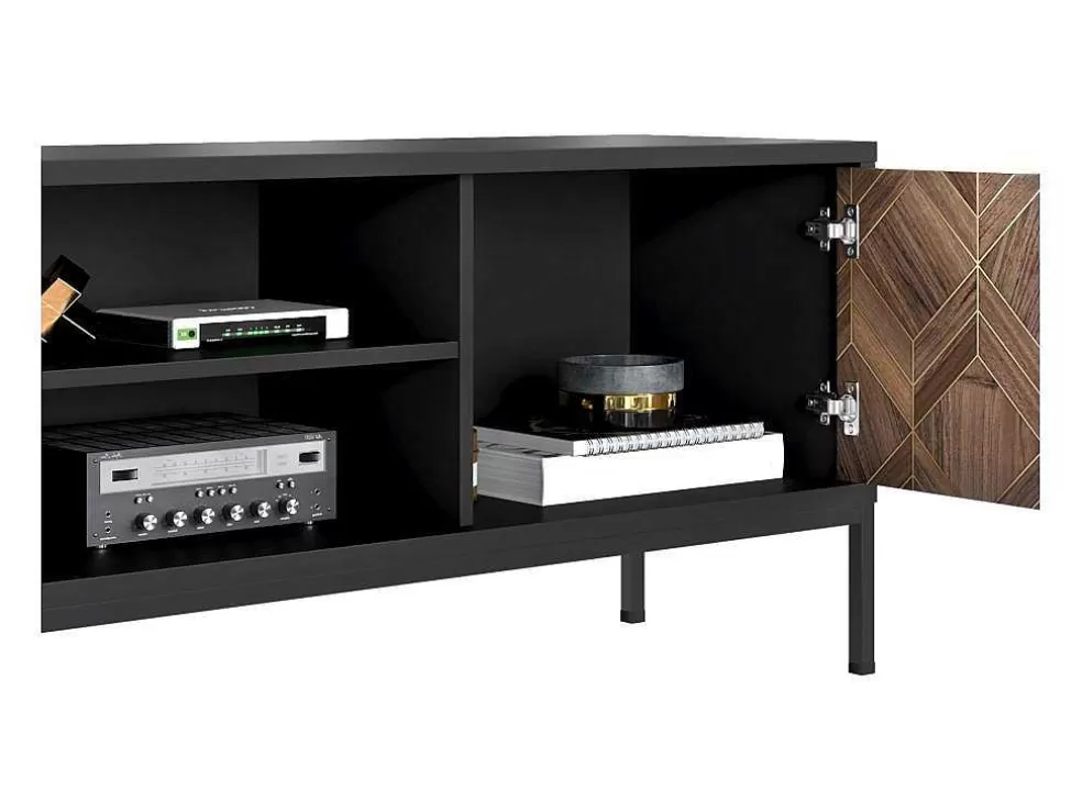 Vente-unique Móvel De Tv Com 2 Portas E 2 Nichos Preto E Natural Escuro - Mialine* Móvel De Tv