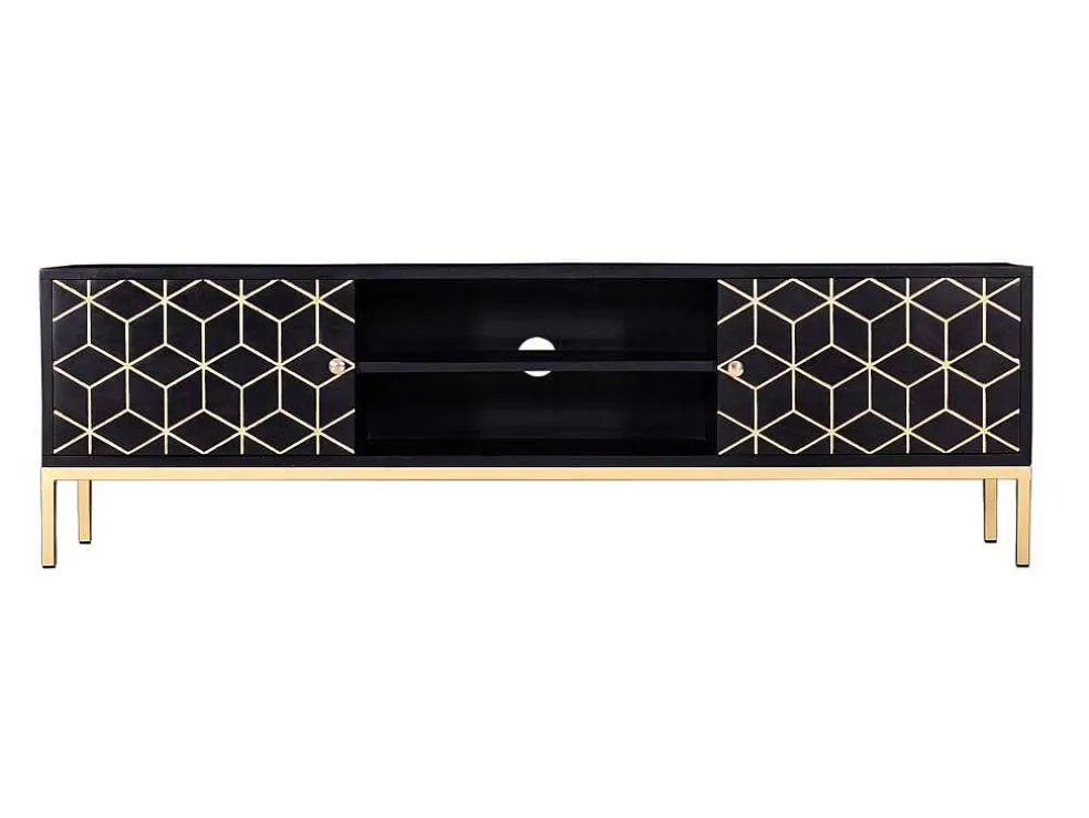 Vente-unique Móvel De Tv Com 2 Portas E 1 Prateleira Em Madeira De Mangueira E Metal Preto E Dourado - Analimy* Móvel De Tv