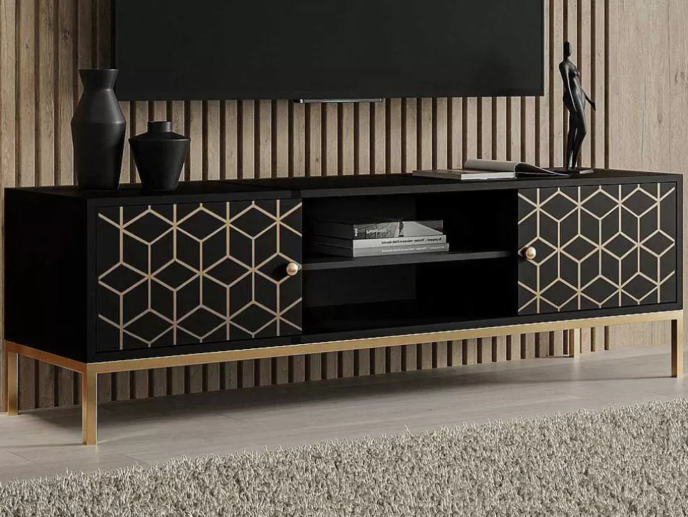 Vente-unique Móvel De Tv Com 2 Portas E 1 Prateleira Em Madeira De Mangueira E Metal Preto E Dourado - Analimy* Móvel De Tv