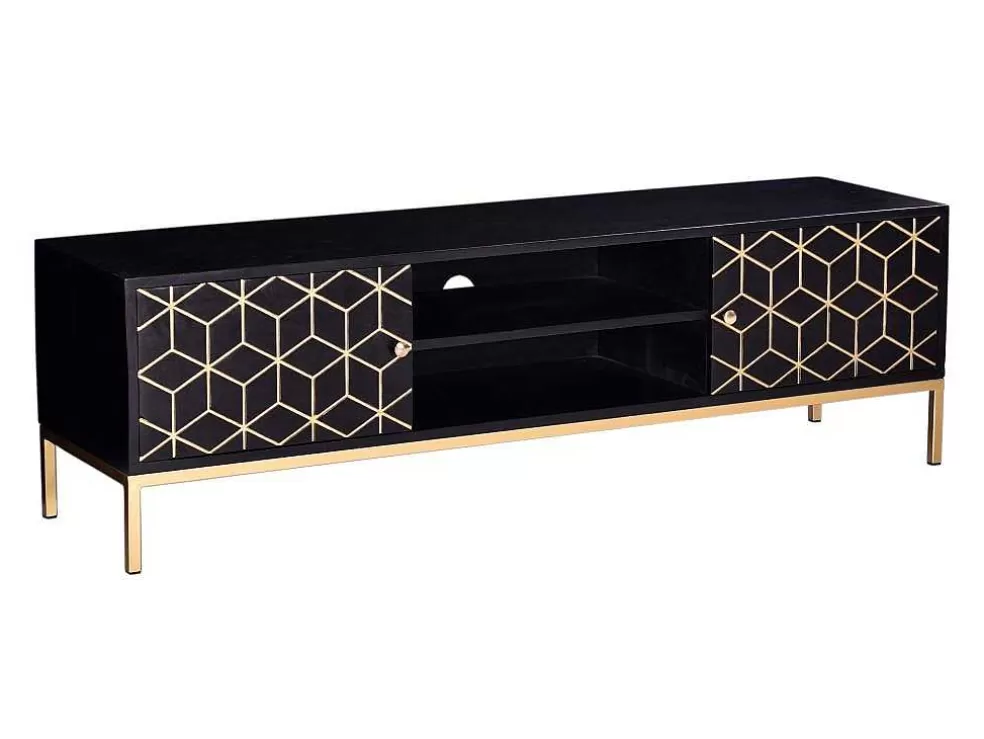 Vente-unique Móvel De Tv Com 2 Portas E 1 Prateleira Em Madeira De Mangueira E Metal Preto E Dourado - Analimy* Móvel De Tv