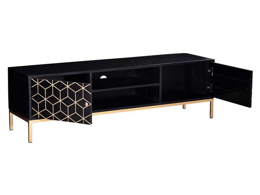 Vente-unique Móvel De Tv Com 2 Portas E 1 Prateleira Em Madeira De Mangueira E Metal Preto E Dourado - Analimy* Móvel De Tv