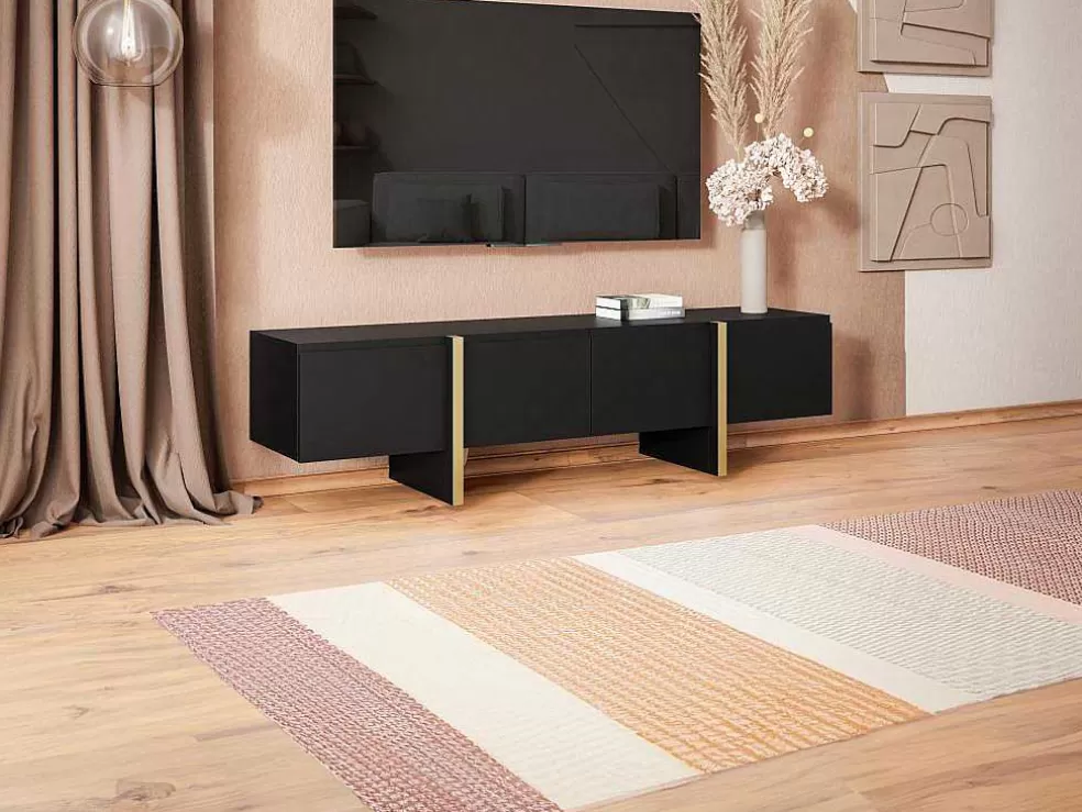 Vente-unique Móvel De Tv Com 4 Portas Em Mdf Preto E Dourado - Luvonia* Móvel De Tv