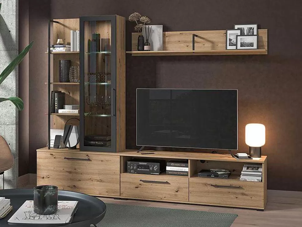 Vente-unique Móvel De Tv Com Espacos De Arrumação Cor Carvalho E Preto - Dublin* Promoções Sala