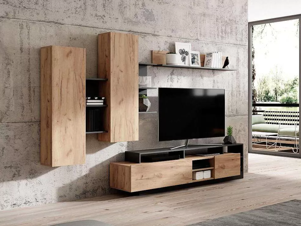 Vente-unique Móvel De Tv Com Espacos De Arrumação Cor Natural E Antracite - Idesia* Móvel De Tv