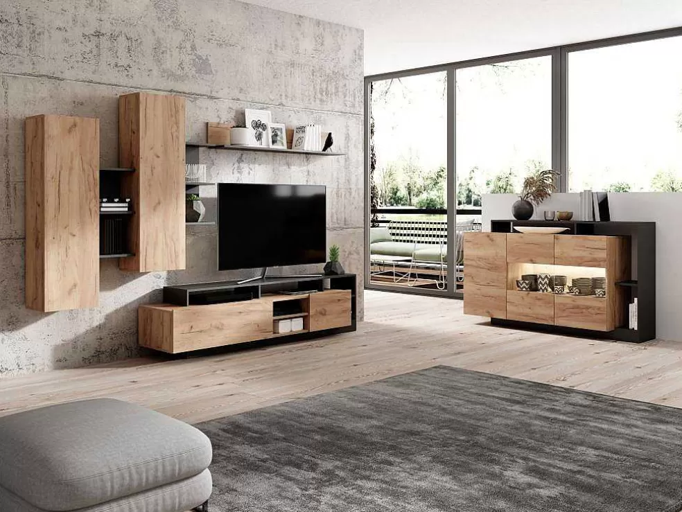 Vente-unique Móvel De Tv Com Espacos De Arrumação Cor Natural E Antracite - Idesia* Móvel De Tv